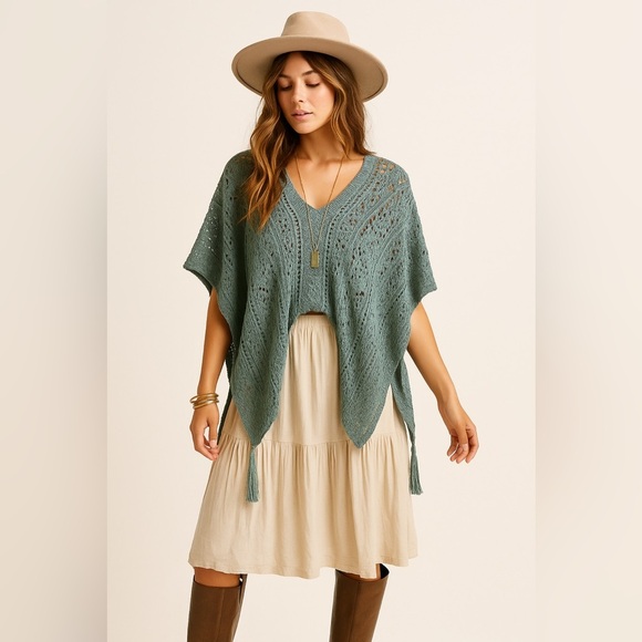 Indigo Soul Crochet Knit Sweater Cover Up with Side Gather Tassels Poncho - Picture 1 of 6